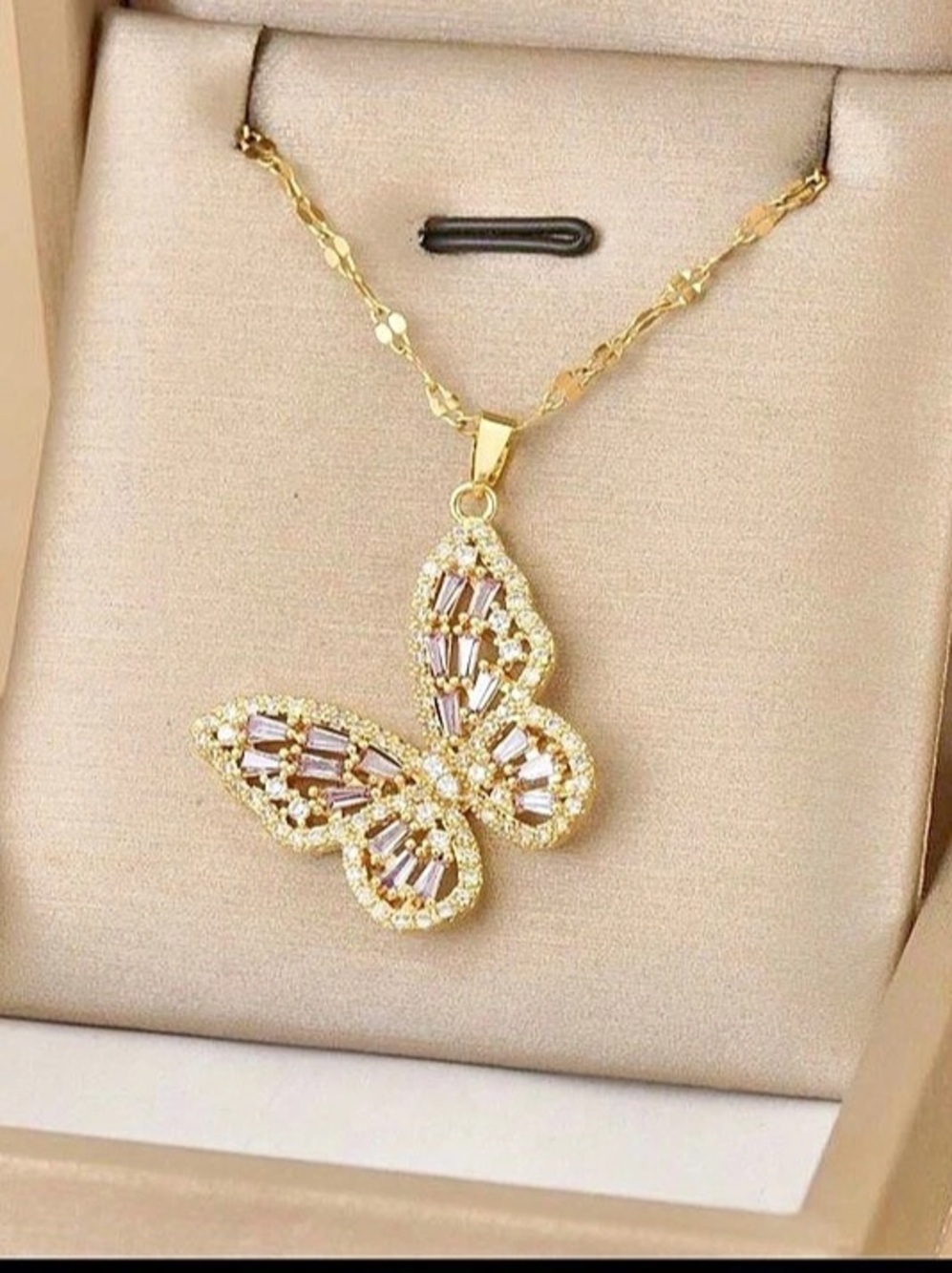 New Fashion Jewelry Butterfly Pendant Necklace Stainless Steel Gold Purple Stone
